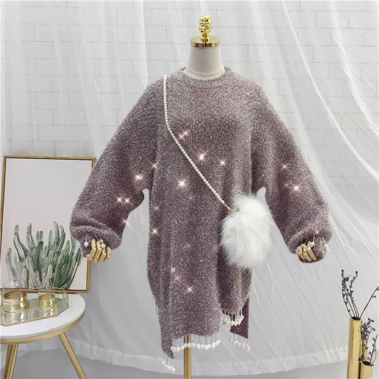 Lazy Wind Pure Color Knitted Sweater Women's 2019 Autumn and Winter Loose Heavy Pearl Bead Bright Silk Irregular Sweater Dress
Lazy Wind Pure Color Knitted Sweater Women's 2019 Autumn and Winter Loose Heavy Pearl Bead Bright Silk Irregular Sweater Dress