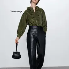 ZA chemisier chemise femmes vert laminé à volants hauts vintage en mousseline de soie décontracté dames Court style blouse femme vêtements(China)