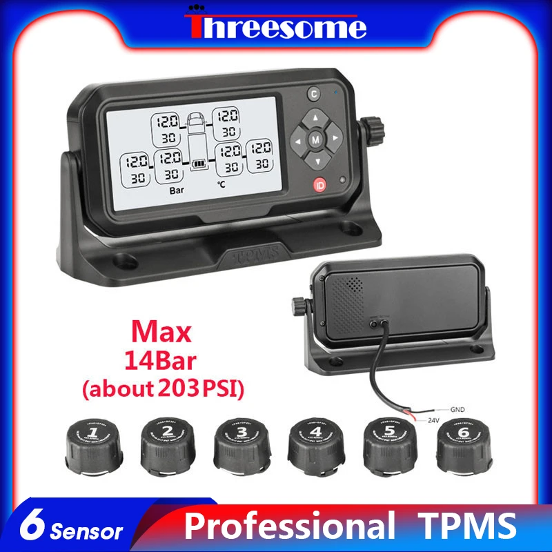 Truck 6 Sensor 14 bar TPMS Tyre Pressure Monitoring System Power Digital Auto Security Alarm Systems 203 PSI Pressure value
Truck 6 Sensor 14 bar TPMS Tyre Pressure Monitoring System Power Digital Auto Security Alarm Systems 203 PSI Pressure value