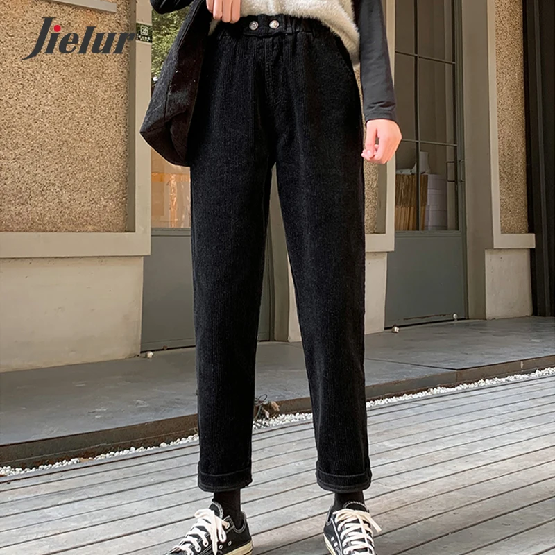 Jielur цвета бежевый черный вельветовые штаны Женская зимняя обувь Теплые размера