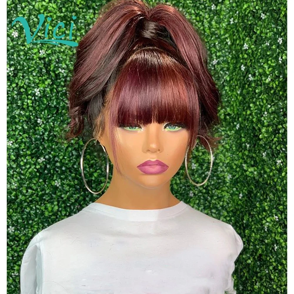 

1b/99j ombre human hair wig with bangs colored burgundy lace wig for black women Glueless short bob wig with baby hair brazilian