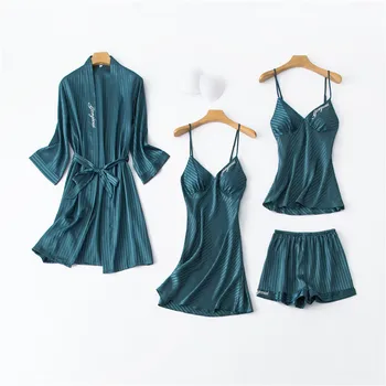 Daeyard Silk Pajamas For Women Solid Striped 4Pcs Pyjamas Set Embroidery Spring Summer Sexy Lace Pijamas Sleepwear Home Clothes 
Daeyard Silk Pajamas For Women Solid Striped 4Pcs Pyjamas Set Embroidery Spring Summer Sexy Lace Pijamas Sleepwear Home Clothes
