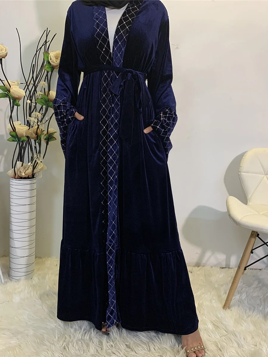 1857#New Arrivals Golden velvet Open Front Abaya Kimono Women - CHAOMENG MUSLIM SHOP