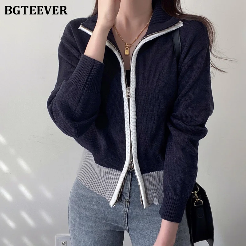 

BGTEEVER Casual Chic Patchwork Turtleneck Cardigans Sweaters for Women Double Zippers Full Sleeve Female Knitted Tops 2021