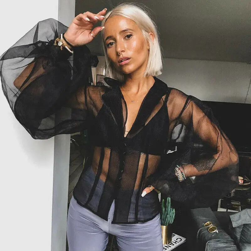 2020 Newest Sexy Mesh Puff Sleeves Button Shirt Women's See Through Fall Spring New Blouse Transparent White Black Elegant Shirt 
2020 Newest Sexy Mesh Puff Sleeves Button Shirt Women's See Through Fall Spring New Blouse Transparent White Black Elegant Shirt