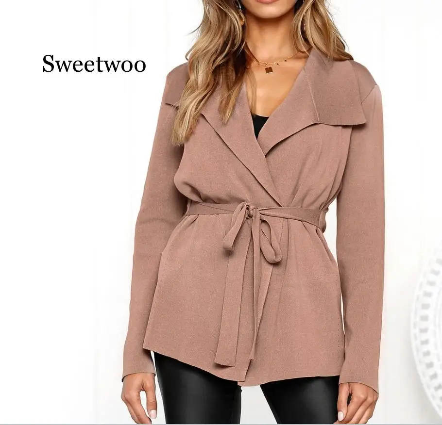 

Women Long Sleeve Cardigan Solid Slim Fit Blazer Jacket Casual Lace Up Ladies Outwear Knitted Sweater Femme Vintage Tops