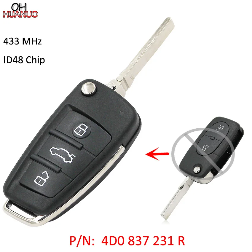 Upgraded Folding Remote Key 3 Button 433MHz with ID48 Chip for Audi A2 A4 A6 Quttro P/N: 4D0837231R
Upgraded Folding Remote Key 3 Button 433MHz with ID48 Chip for Audi A2 A4 A6 Quttro P/N: 4D0837231R