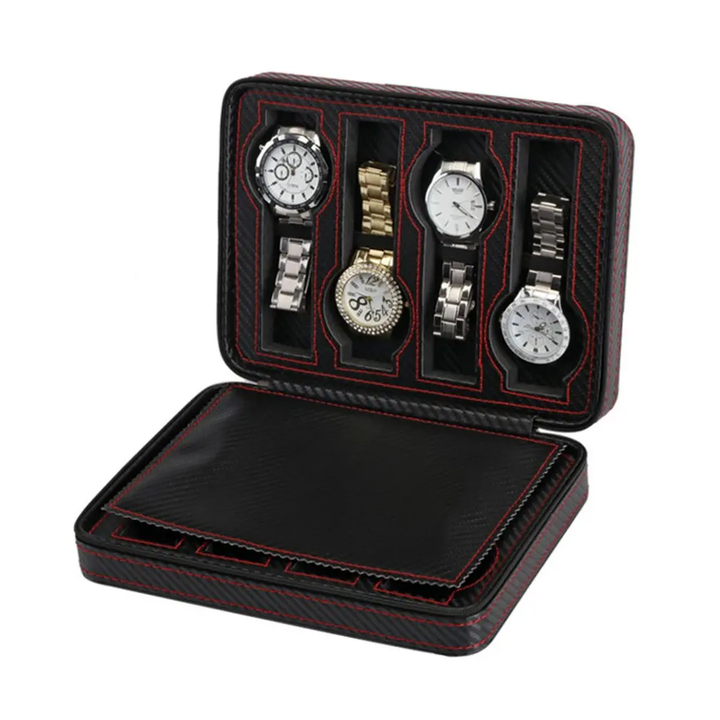 8 Slot Portable Black Carbon Fiber PU Leather Watch Zipper Storage Bag Travel Jewlery Box Personalized Gift Hot | Наручные часы