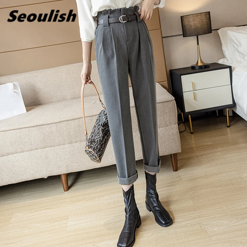 

Seoulish Formal Women's Harem Pants with Belted Spring High Waist Female Workwear Elegant Ankle Length Bud Trouses 2021 New