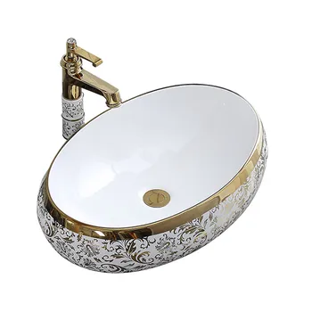 

Art Basin Bathroom Sinks Counter Top Sink Gold Wash Basin Vessel Sinks Bowl Oval Shampoo Basin Ceramic Wash Basin with Faucets