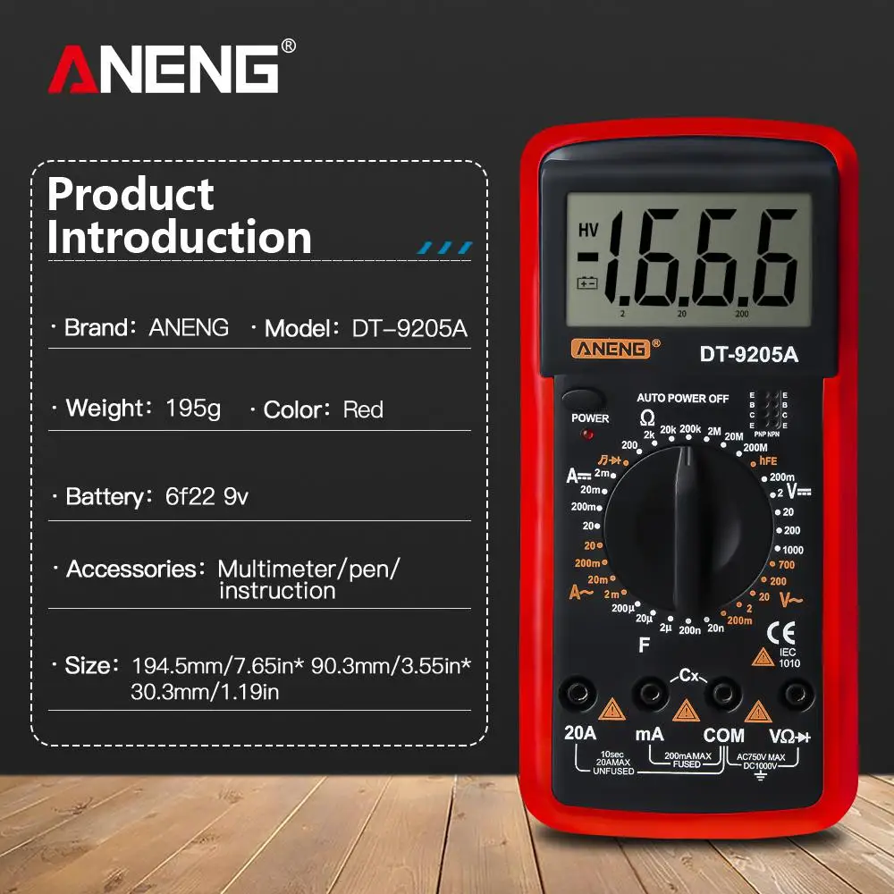 DishyKooker Digital DT-9205A Multimeter LCD AC/DC Ammeter Resistance Capacitance Tester
DishyKooker Digital DT-9205A Multimeter LCD AC/DC Ammeter Resistance Capacitance Tester