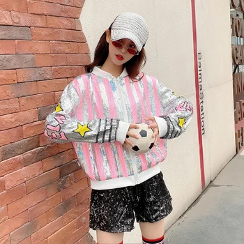 European and American new sequin stage cartoon long-sleeved performance clothing street hipster zipper jacket women's clothing 
European and American new sequin stage cartoon long-sleeved performance clothing street hipster zipper jacket women's clothing