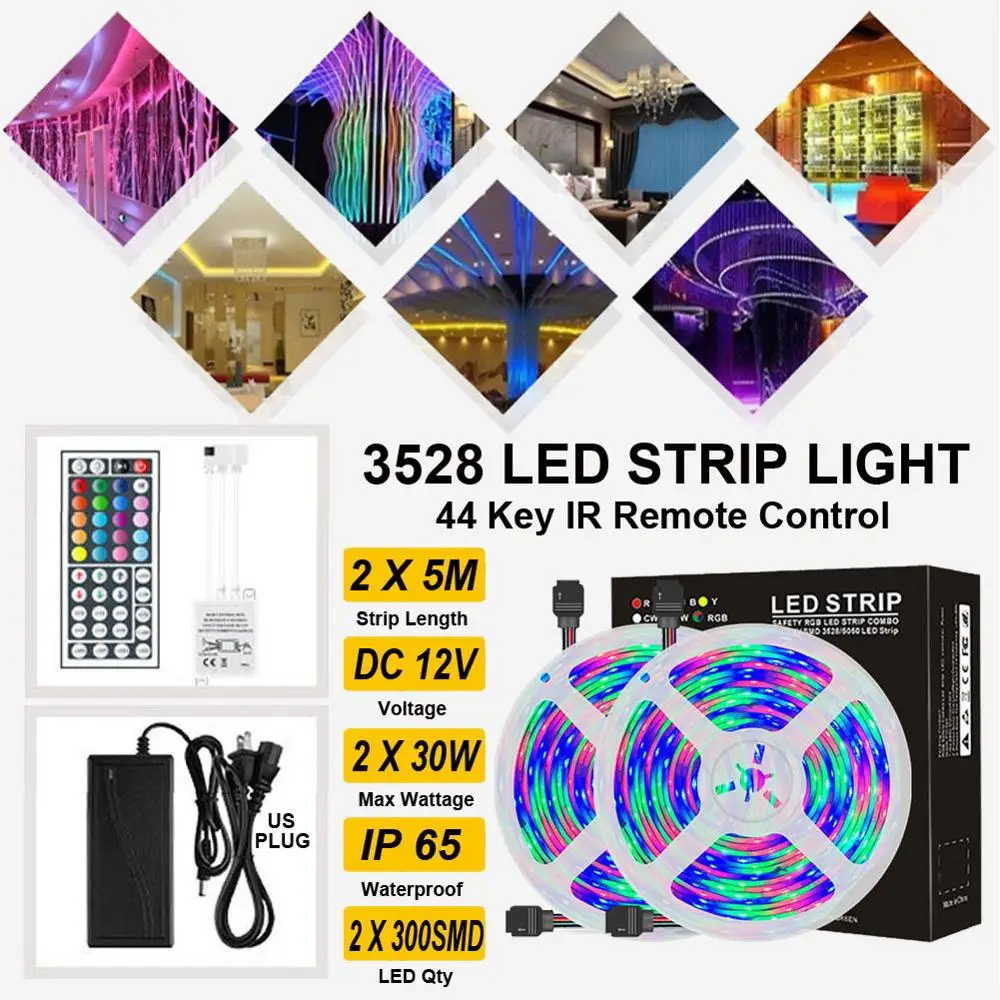 

bedroom 10M RGB LED Strip Light SMD 44 Key Remote control 12V DC US plug Power Full Kit waterproof 3528 lamp light strips