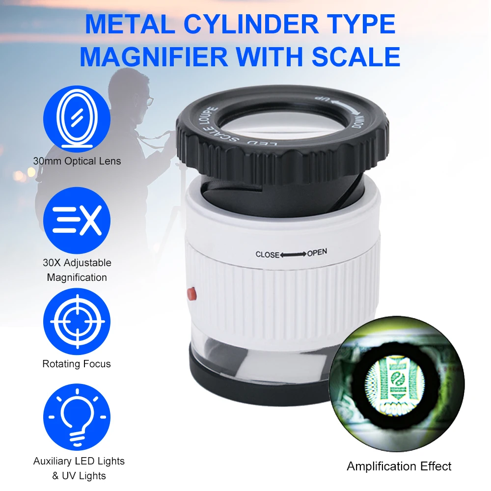 LED Scale Loupe 30X Magnifier Metal Cylinder Type Mirror with Scale Reading Mirror Jewelry Magnifier with 3 LED Light 3 UV Light
LED Scale Loupe 30X Magnifier Metal Cylinder Type Mirror with Scale Reading Mirror Jewelry Magnifier with 3 LED Light 3 UV Light