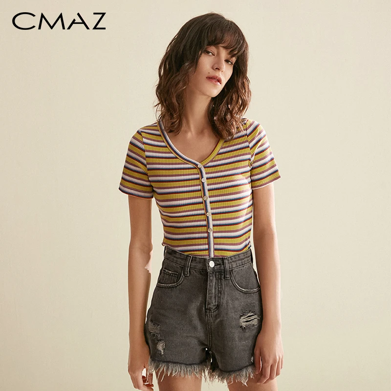 CMAX Стильная летняя полосатая футболка с V-образным вырезом и короткими рукавами.
