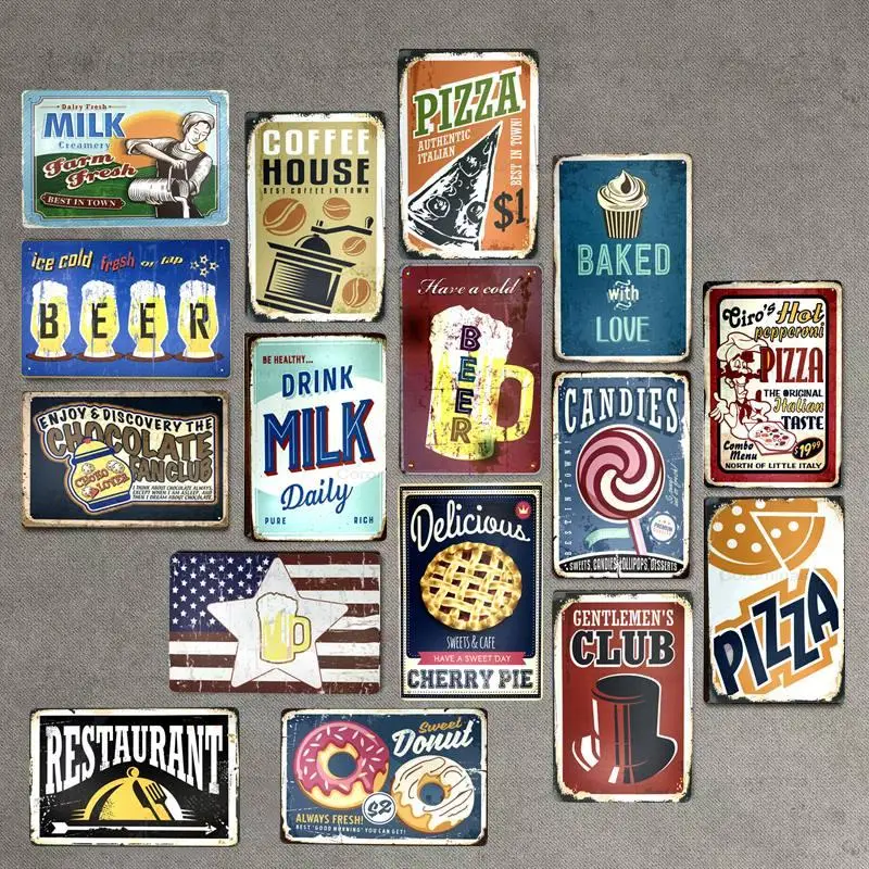 

FOOD DRINK BEER CANDIES PIZZA Retro Plaque Metal Tin Signs Cafe Bar Pub Signboard Wall Art Decor Vintage Nostalgia Plates Poster