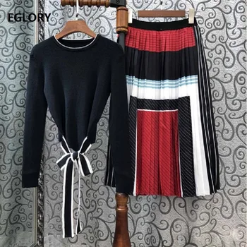 2019 Autumn Fashion Sweater Suits Women Belted Long Sleeve Black Pullovers+Geometric Patterns Mid-Calf Pleated Skirt Set 2 piece
2019 Autumn Fashion Sweater Suits Women Belted Long Sleeve Black Pullovers+Geometric Patterns Mid-Calf Pleated Skirt Set 2 piece