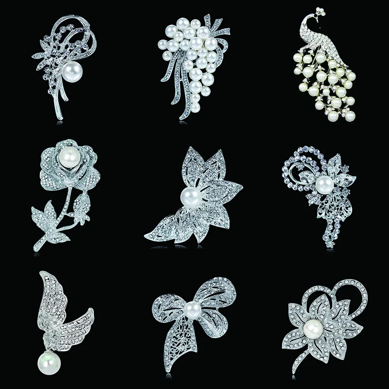

Assorted Designs Crystal Diamante Imitation Pearl Brooches Fashion Flower Plant Brooch Pins for Wedding or Dress Decorations AD0