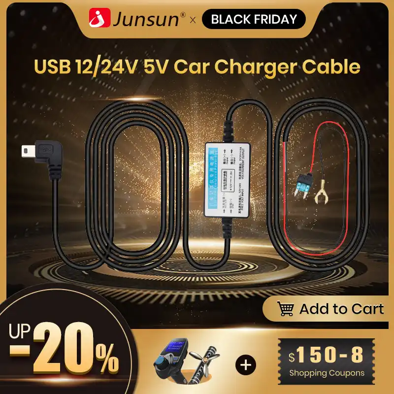 junsun mini usb 12/24v 5v car charger cable hardwire kit charger