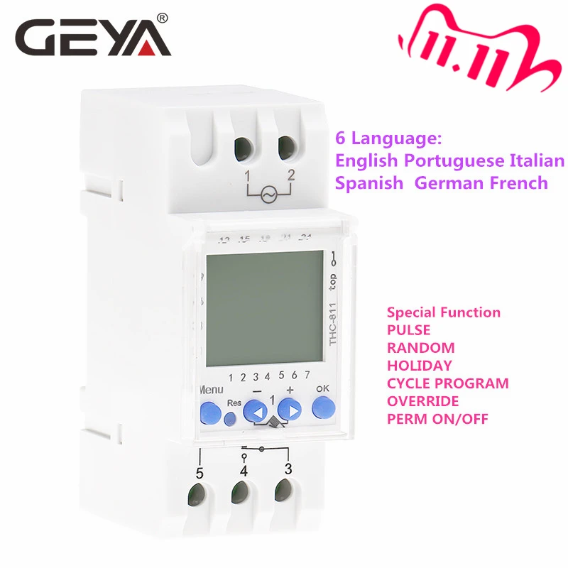 GEYA THC-811 Din Rail 24Hours Digital Timer Switch with Lithium Battery 6 Language Weekly Timers Holiday Setting 16A 220V
GEYA THC-811 Din Rail 24Hours Digital Timer Switch with Lithium Battery 6 Language Weekly Timers Holiday Setting 16A 220V