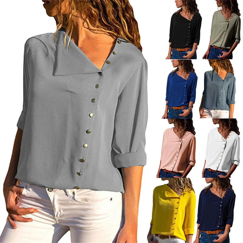 Women Tops Blouses Elegant Solid V-Neck Chiffon Blouse Female Work Wear Shirts 6 color buttons with irregular diagonal collar
Women Tops Blouses Elegant Solid V-Neck Chiffon Blouse Female Work Wear Shirts 6 color buttons with irregular diagonal collar