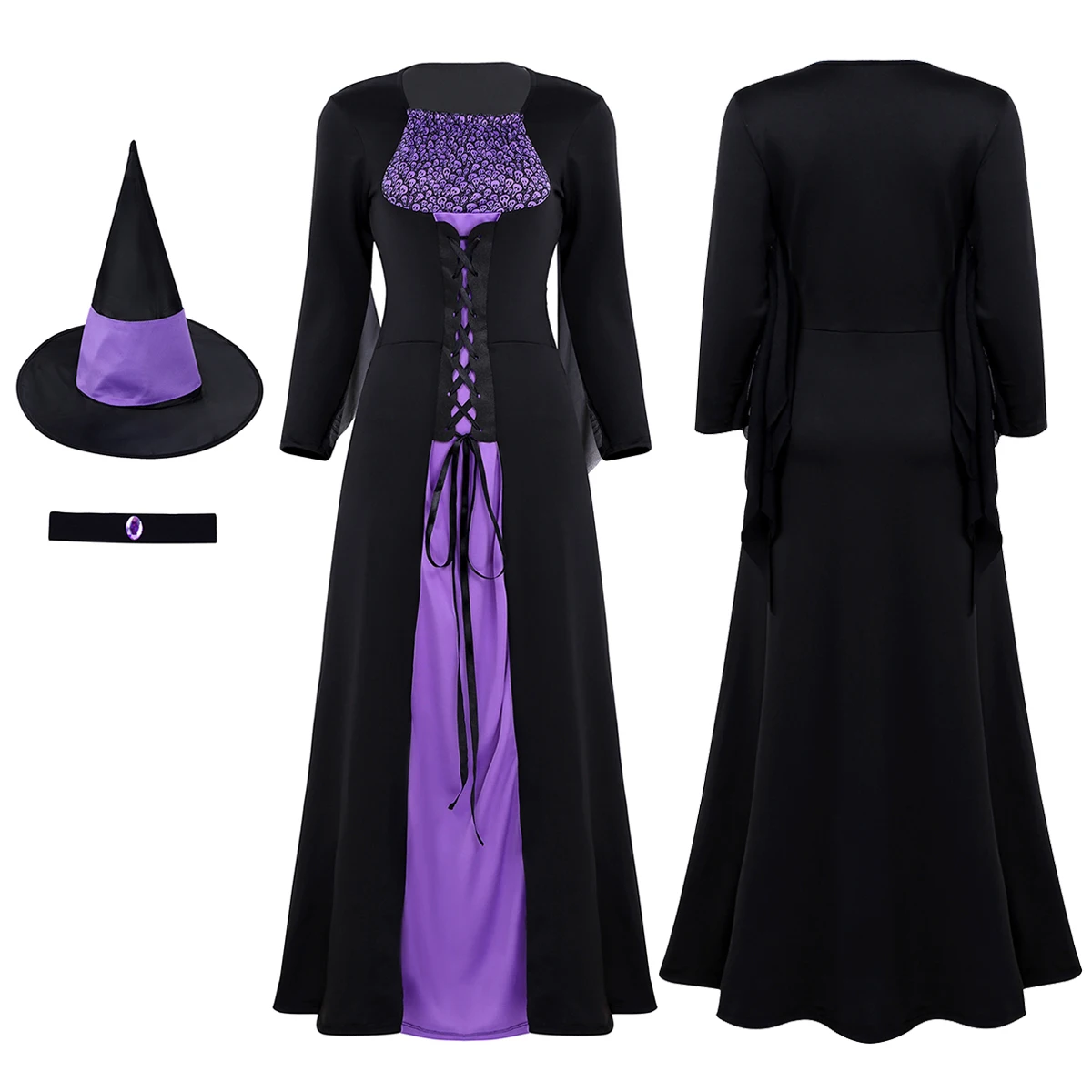 

Halloween Costume Adult Cosplay Women Ghost Skeleton Printed Long Evil Wicked Witch Dress with Pointed Hat Necklace Set