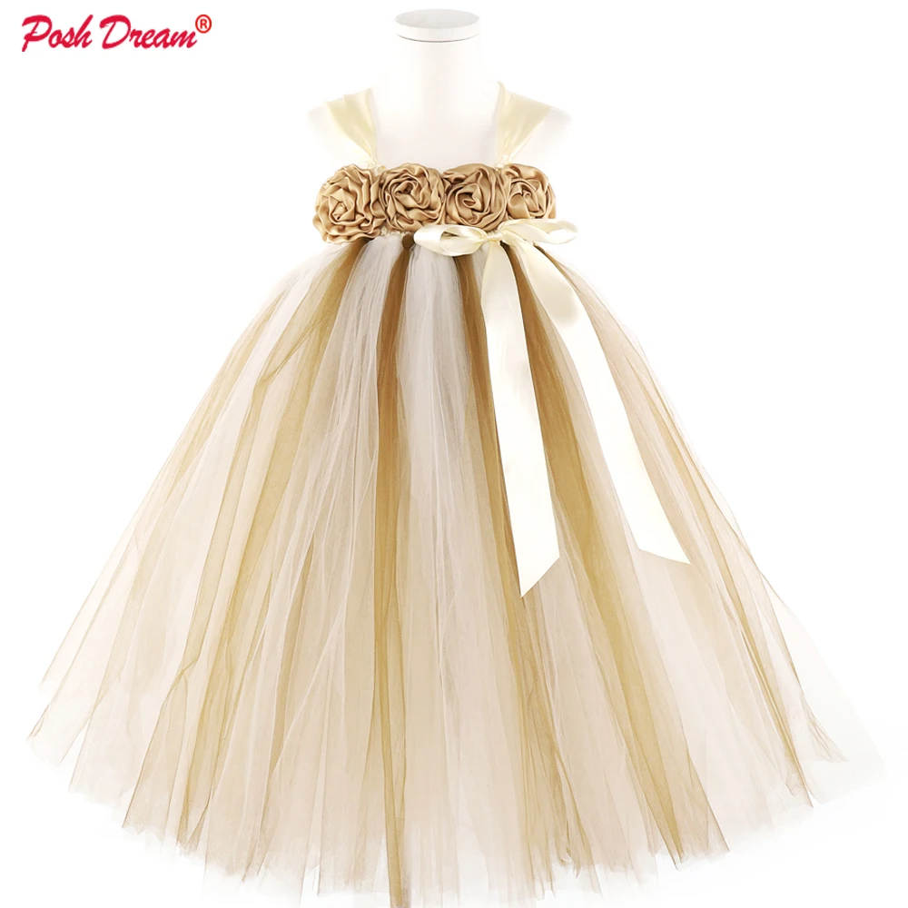 

POSH DREAM Ivory Flower Girl Dress Gold Champagne Flower Girl Tutu Dress Birthday Party Clothes for Children Kids