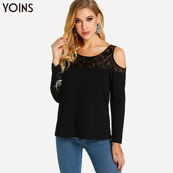 

YOINS 2020 Autumn Winter Women Sexy Blouse Lace Insert Cold Shoulder Long Sleeves Cotton Casual Tops Female Basic Tunic Femme