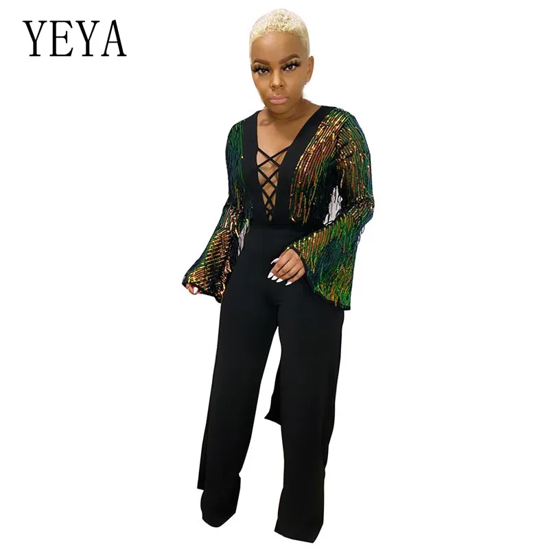 YEYA Sexy Sequins Jumpsuits Lady Sparking Low-cut V-neck Flared Sleeve Bodycon Wide-leg Women Romper Nightclub Party Wear
YEYA Sexy Sequins Jumpsuits Lady Sparking Low-cut V-neck Flared Sleeve Bodycon Wide-leg Women Romper Nightclub Party Wear