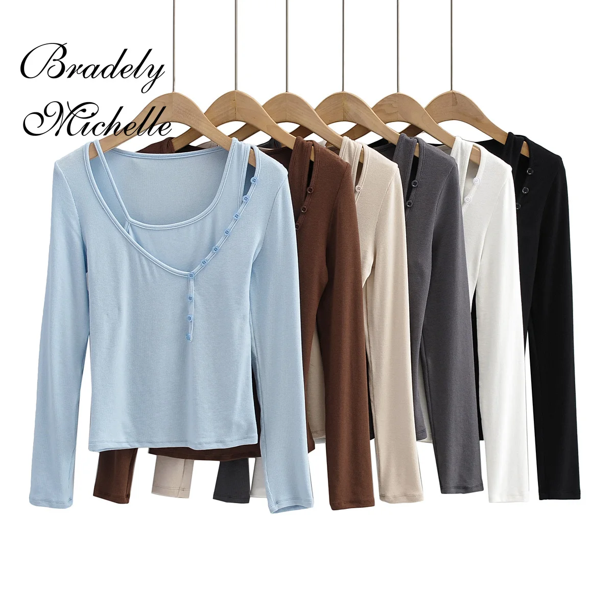 

Solid Long Sleeve Neckline Button Details Asymmetrical Casual T-shirt and Camis