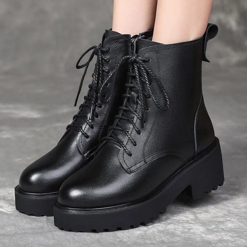 

Winter Plus Velvet Leather NewBoots Women Spring Autumn Single Boots Women's British Style Thick-soled Mid-heel Short Boots