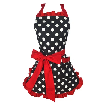 

Retro Apron for Women Super Cute and Funny Bowknot with 2 Pockets Adjustable Cotton Polka Dot Delicate Hemline Black Red