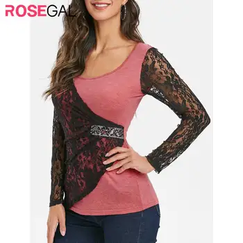 

ROSEGAL Scoop Neck Sequins Long Sleeves Lace Spliced T Shirt Top Women Long Sleeve Casual Tee Lady Office Style Tops Spring 2020