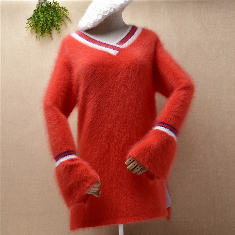 Женский пуловер из меха ангорки с длинными рукавами-фонариками и V-образным