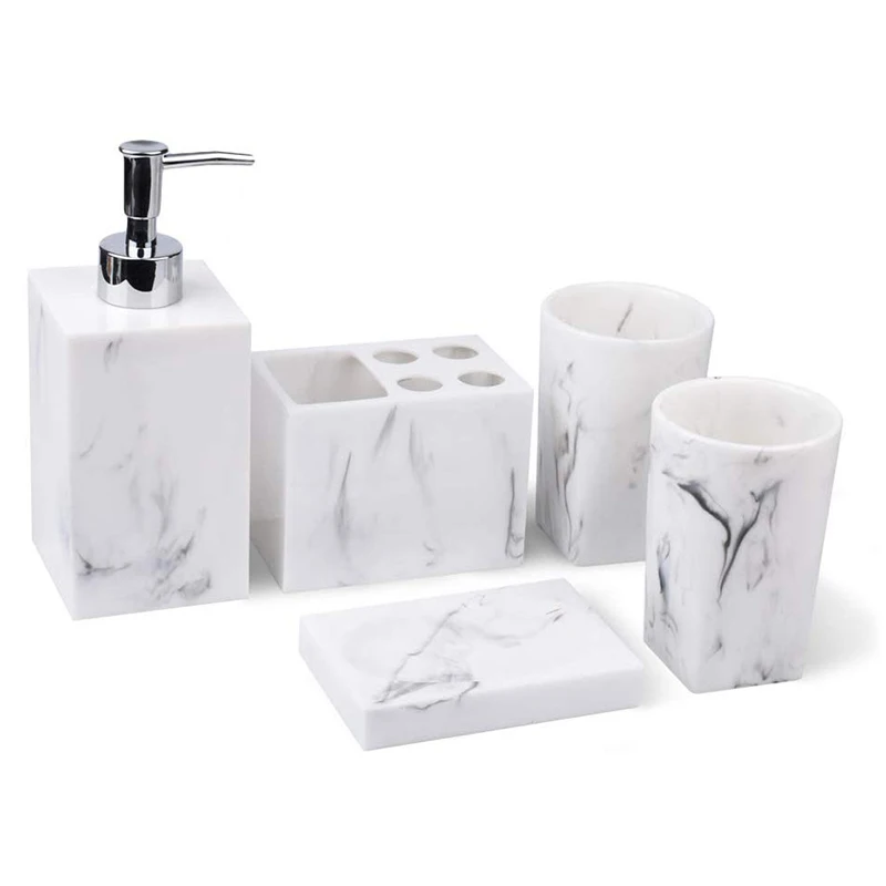 5-Piece Bathroom Counter Top Accessory Set - Dispenser for Liquid Soap Or Lotion, Soap Dish, Toothbrush Holder and 2 Tumblers, M
5-Piece Bathroom Counter Top Accessory Set - Dispenser for Liquid Soap Or Lotion, Soap Dish, Toothbrush Holder and 2 Tumblers, M