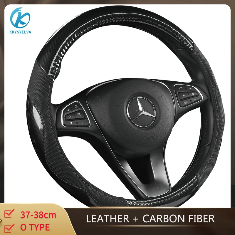 

KKYSYELVA 37-38cm O type Universal Car Steering Wheel Cover Leather Steering-wheel Covers Auto wheels Car Interior Accessories