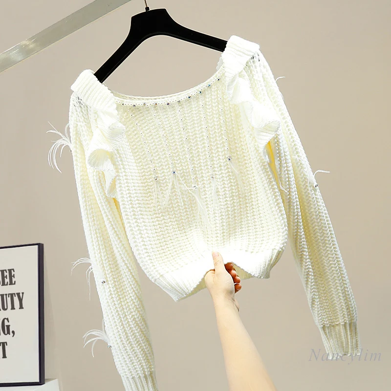 Nancylim Women's Beads Rhinestone Feather Tassel Lace-up Square Collar Off-Shoulder Sweet Lotus Leaf Short Sweater Crop Top
Nancylim Women's Beads Rhinestone Feather Tassel Lace-up Square Collar Off-Shoulder Sweet Lotus Leaf Short Sweater Crop Top