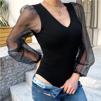 Women's Long Puff Sleeves Bodysuit New Black Color Leotard Mesh Sheer Sleeves Slim Jumpsuit Female Sexy V-neck Rompers Playsuit 
Women's Long Puff Sleeves Bodysuit New Black Color Leotard Mesh Sheer Sleeves Slim Jumpsuit Female Sexy V-neck Rompers Playsuit
