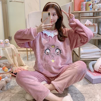 

Winter Women's Warm Sleepwear Cartoon Sweet Pajamas Set Soft Flannel Top Pyjamas Long Pant Casual Mom 2020 Homewear Big Size Pjs