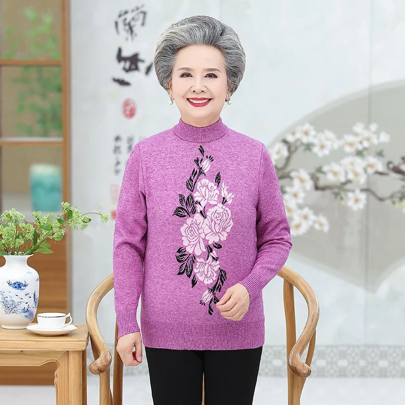 Elderly Women Sequined Flower Pullover Sweater Winter Wool Jumper Mujer Crew Neck Warm Soft Knitwear Purple Red Gray Pull 2020
Elderly Women Sequined Flower Pullover Sweater Winter Wool Jumper Mujer Crew Neck Warm Soft Knitwear Purple Red Gray Pull 2020