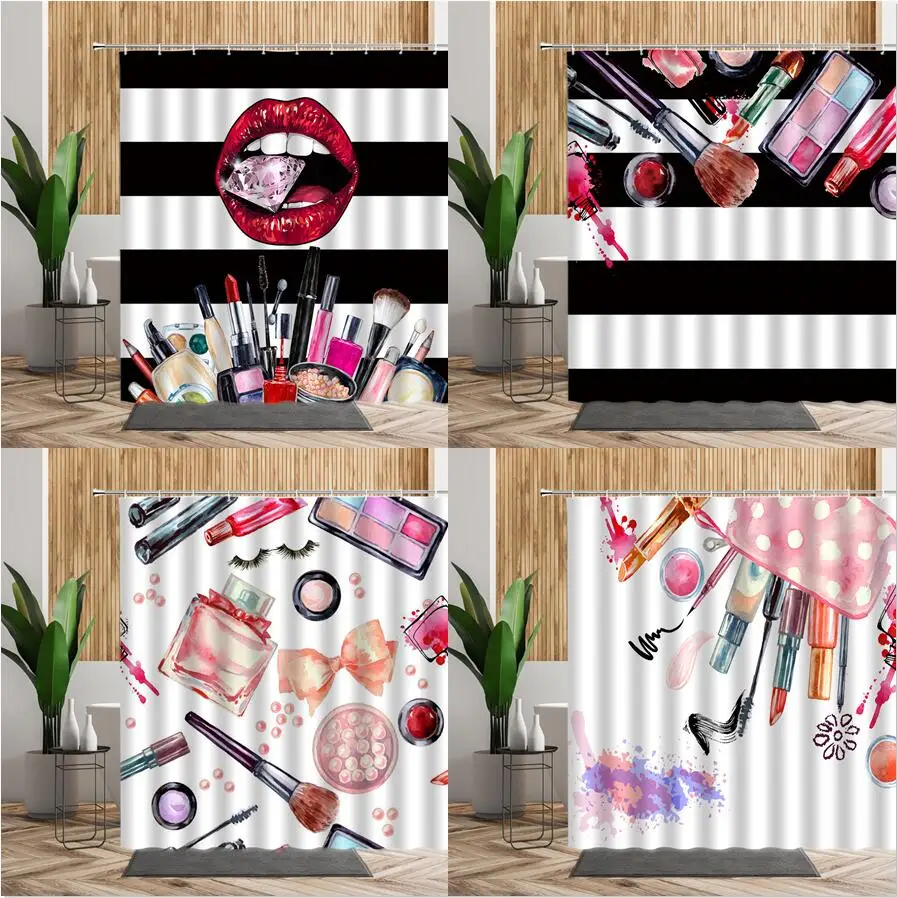 

Black White Striped Shower Curtain Sexy Red Lip Creative Printed Bathroom Bath Decor Girl Valentine Backdrop Fabric Curtains Set