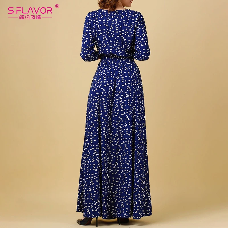 Женское длинное платье S.FLAVOR повседневное винтажное с принтом о вырезом без