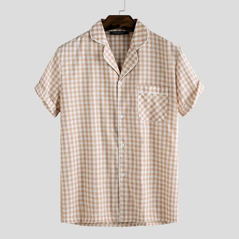 Summer Mens Pajamas Sets Plaid Lapel Cotton Button Short Sleeve Sleepwear Tops Shorts Soft Unisex Pyjamas Suit Homewear INCERUN Summer Mens Pajamas Sets Plaid Lapel Cotton Button Short Sleeve Sleepwear Tops Shorts Soft Unisex Pyjamas Suit Homewear INCERUN