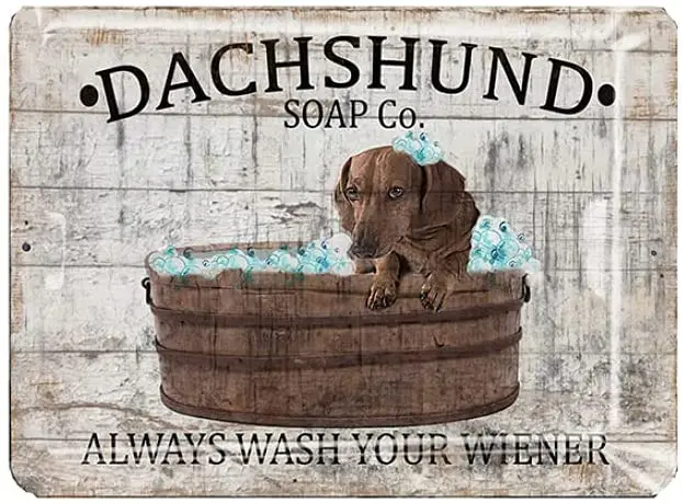 Metal Brown Dachshund Soap Company Always Wash Your Wiener Funny Bathroom Aluminum Sign Bath Wall Plaque Wall Decor Art
Metal Brown Dachshund Soap Company Always Wash Your Wiener Funny Bathroom Aluminum Sign Bath Wall Plaque Wall Decor Art