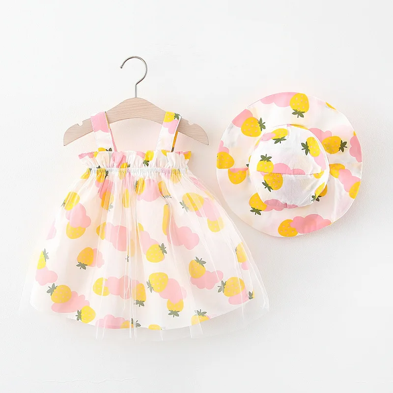 Summer Set Infant Princess Dress Cute Beach Strawberry Sleeveless Lace Cotton Baby Girls Dresses+Sunhat Newborn Clothes BC1875-1 Summer Set Infant Princess Dress Cute Beach Strawberry Sleeveless Lace Cotton Baby Girls Dresses+Sunhat Newborn Clothes BC1875-1