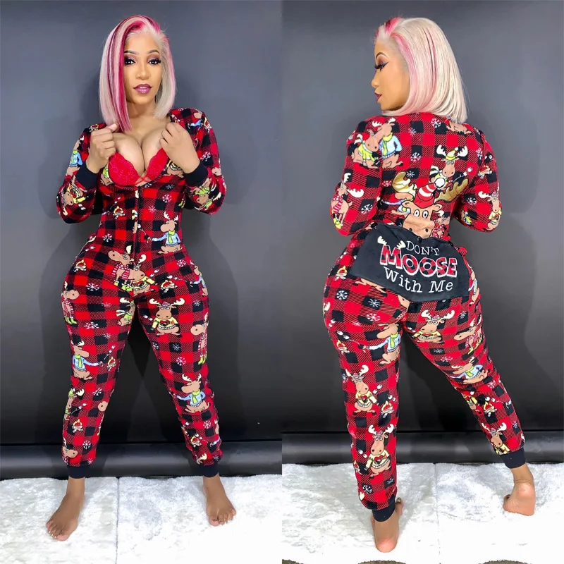 

Women Christmas jumpsuit long-sleeved trousers 2020 cotton blend romper zipper butt opening button playsuit Warm Overalls Pajama