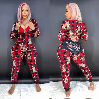 

Women Christmas jumpsuit long-sleeved trousers 2020 cotton blend romper zipper butt opening button playsuit Warm Overalls Pajama
