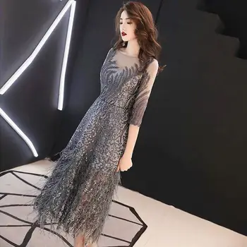Banquet evening dress medium length 2019 new grey dress noble temperament Bridesmaid female show thin lady 
Banquet evening dress medium length 2019 new grey dress noble temperament Bridesmaid female show thin lady