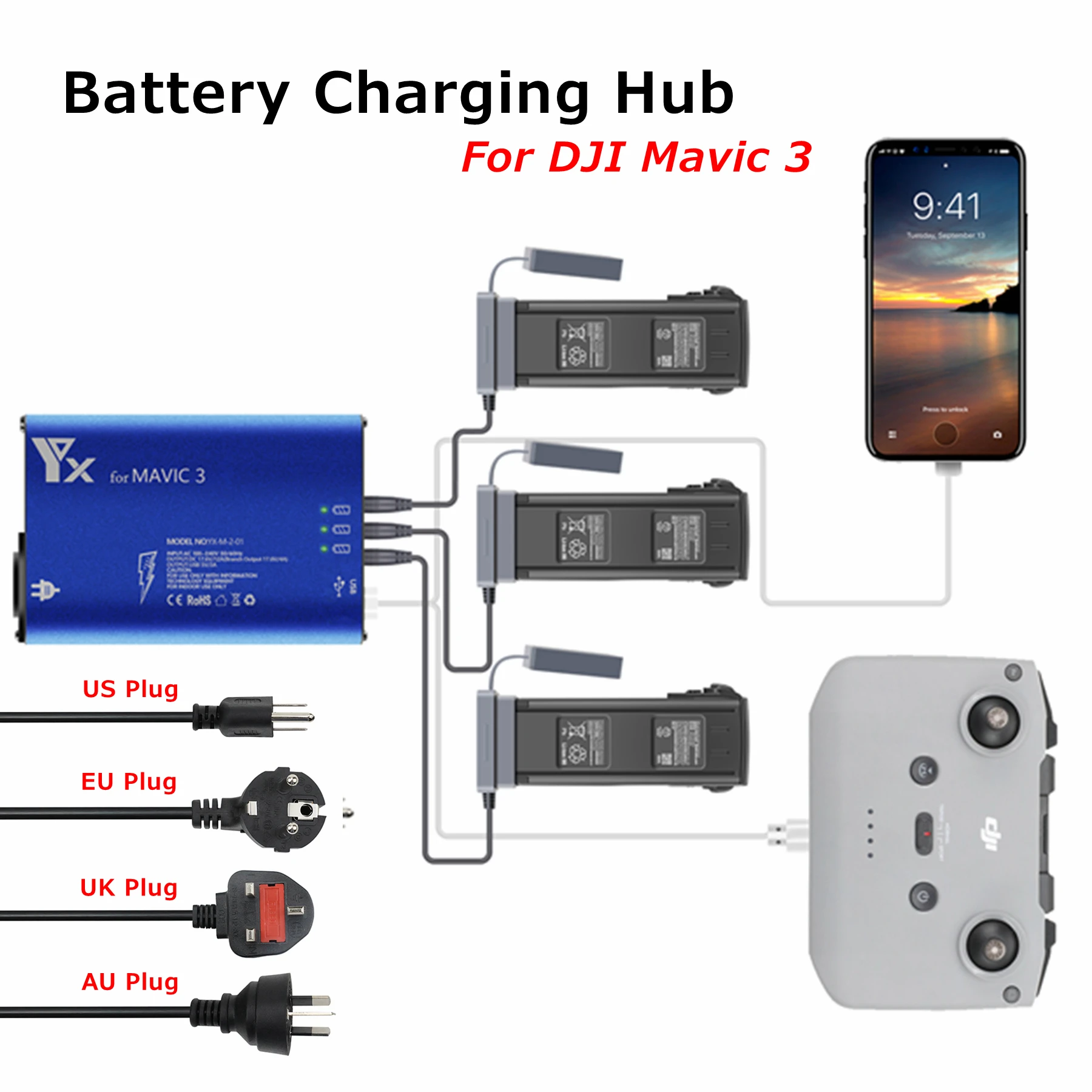 6 in1 Digital Display Battery Charger for DJI Mavic 3 Drone Battery Charging Hub Fast Smart Battery Charger EU/US/AU/UK Adapter
6 in1 Digital Display Battery Charger for DJI Mavic 3 Drone Battery Charging Hub Fast Smart Battery Charger EU/US/AU/UK Adapter