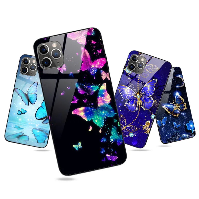 Бампер для iPhone 11 Pro глянцевый чехол с бабочкой 12 Mini 7 8 XS XR X Max 6 Plus 6S 5 5S SE 2020